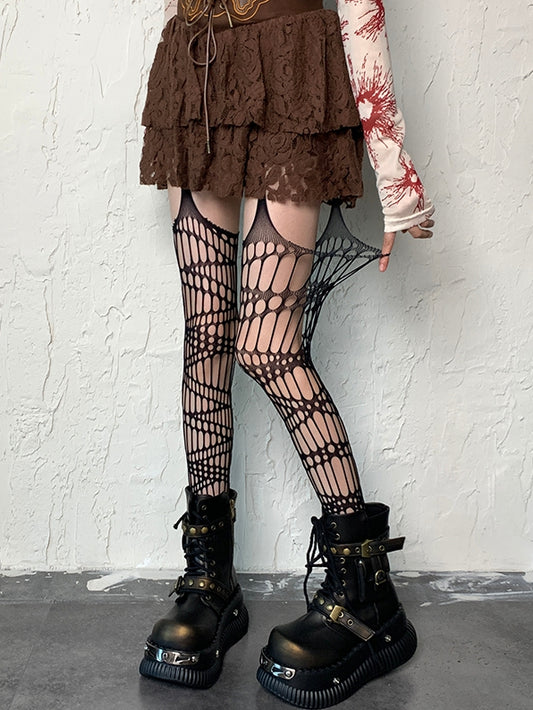 Brown/Black/Gray/White/Red Wasteland Punk Hollow-out Design Suspender Stockings