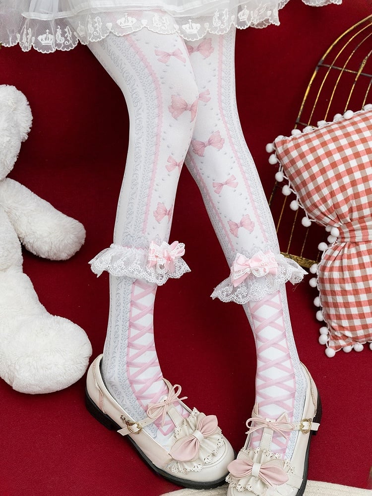 Purple/Pink/Black Lolita Bowknot Heart Print Tights＋Lace Bowknot Cuffs Set