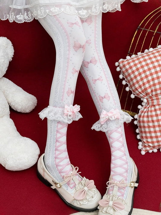 Purple/Pink/Black Lolita Bowknot Heart Print Tights＋Lace Bowknot Cuffs Set