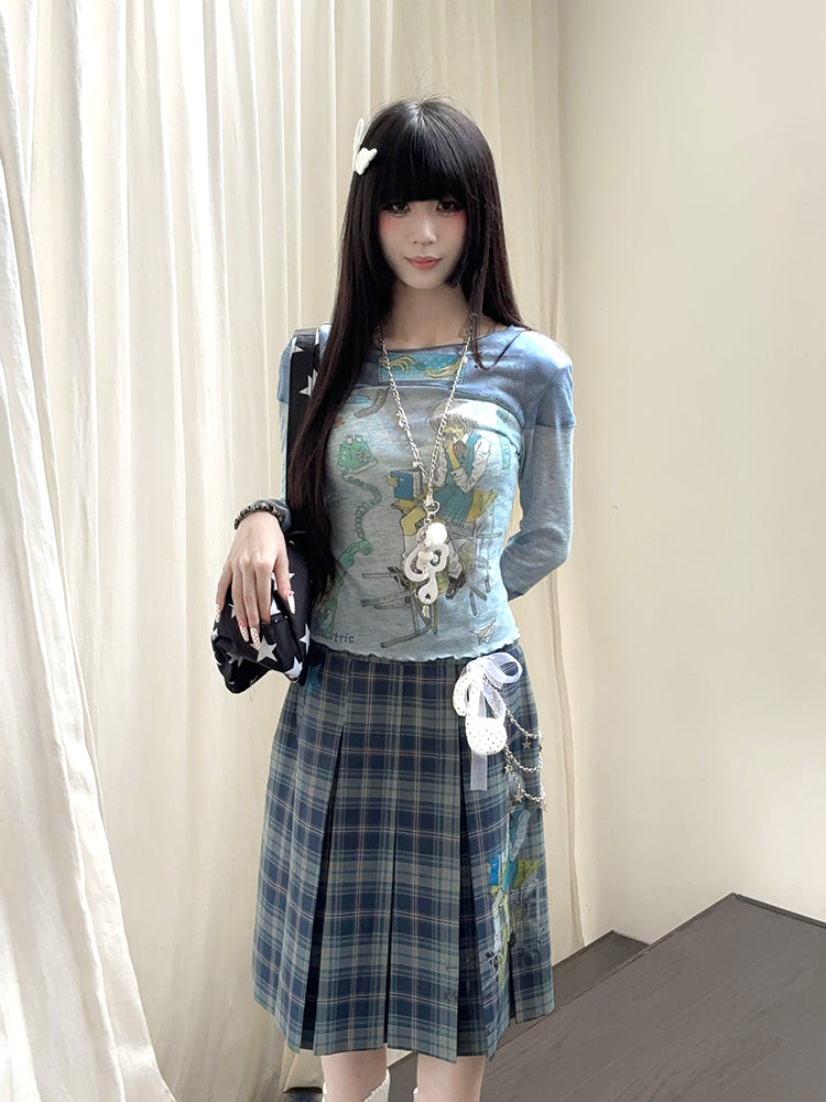 Blue Round Neck Top with Cartoon Print