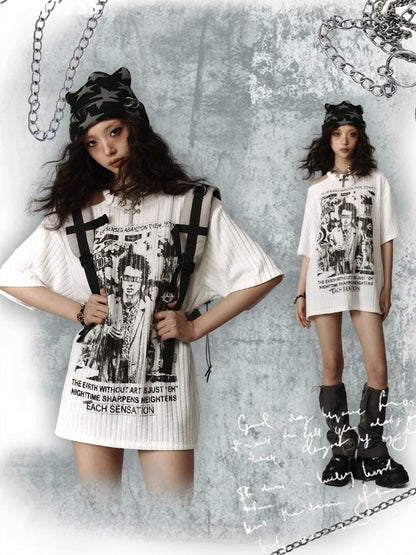 Punk White Asymmetrical Cutout Shoulder Graphic T-shirt