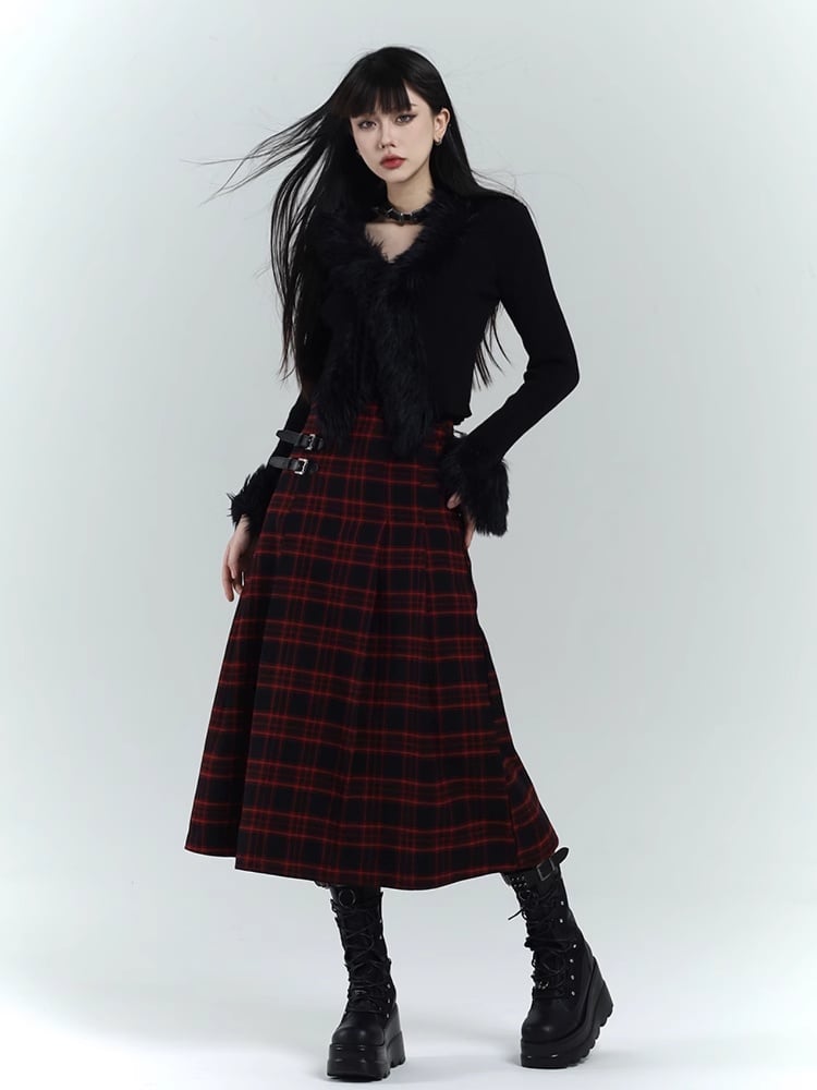 Gothic Black V-Neck Plush Trim Slim-fitting Knitted Sweater