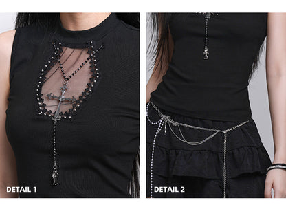 Studded Coffin-Shaped Cutout Black Tank Top with Free Cross Necklace