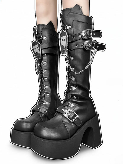 Ghost Cat Black High Block Heel Boots with Detachable Chain