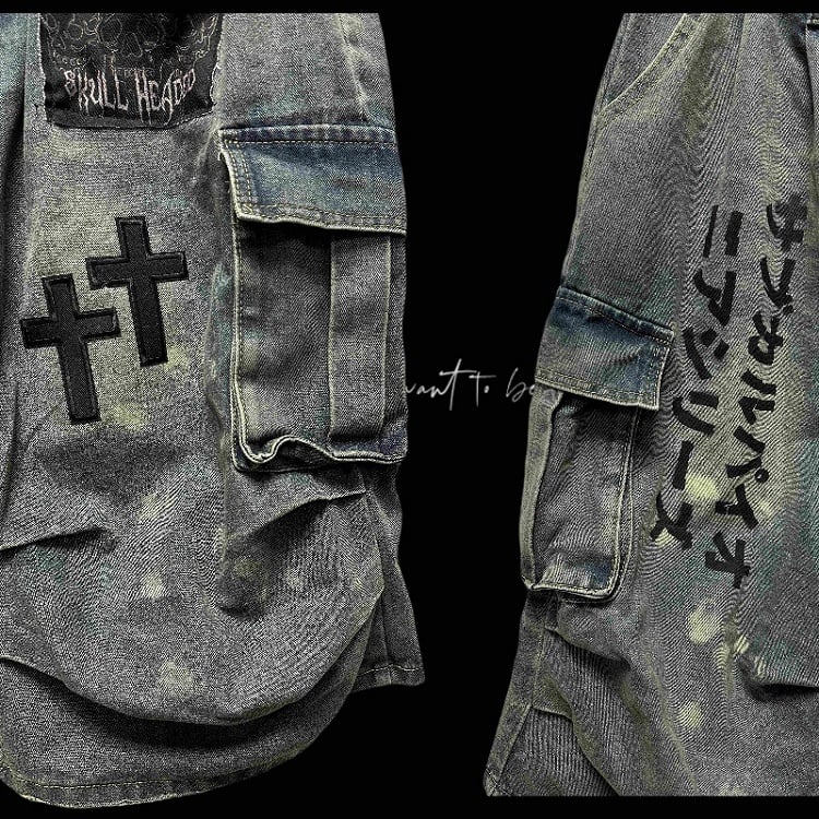 Wasteland Punk Light Blue Cross Appliques Distressed Wide-leg Cargo Jeans