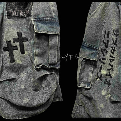 Wasteland Punk Light Blue Cross Appliques Distressed Wide-leg Cargo Jeans