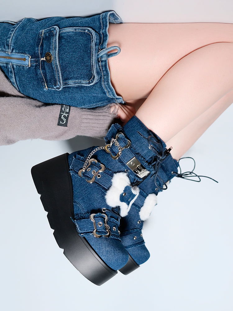 Buckle Straps Plush Bone Decorated Denim Blue Punk Platform Boots