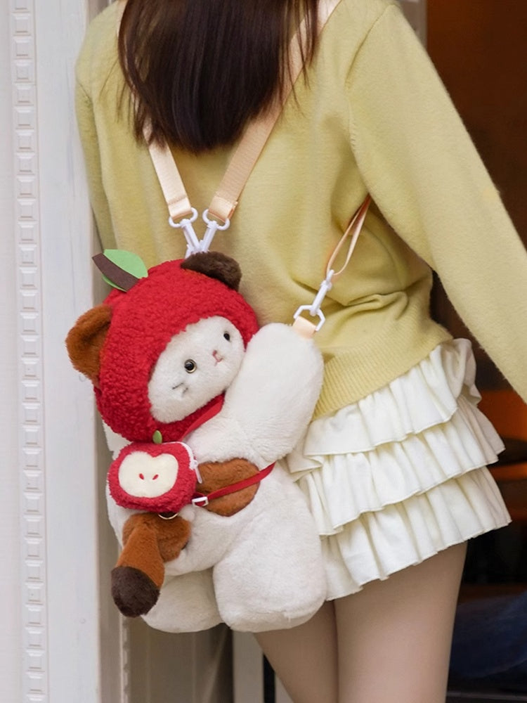 White Cute Kitty Heart Plush Backpack/Crossbody Bag + Red Apple Hat + Apple Backpack Keychian Middle/Large Size