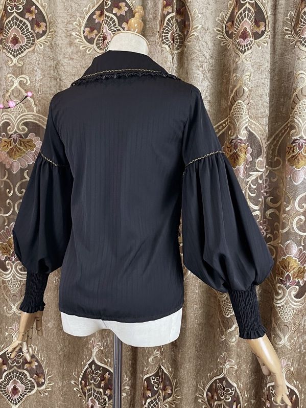 Black Vintage Shirt Leg-of-Mutton Sleeves Elegant Top