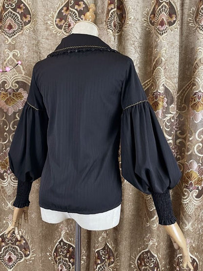 Black Vintage Shirt Leg-of-Mutton Sleeves Elegant Top