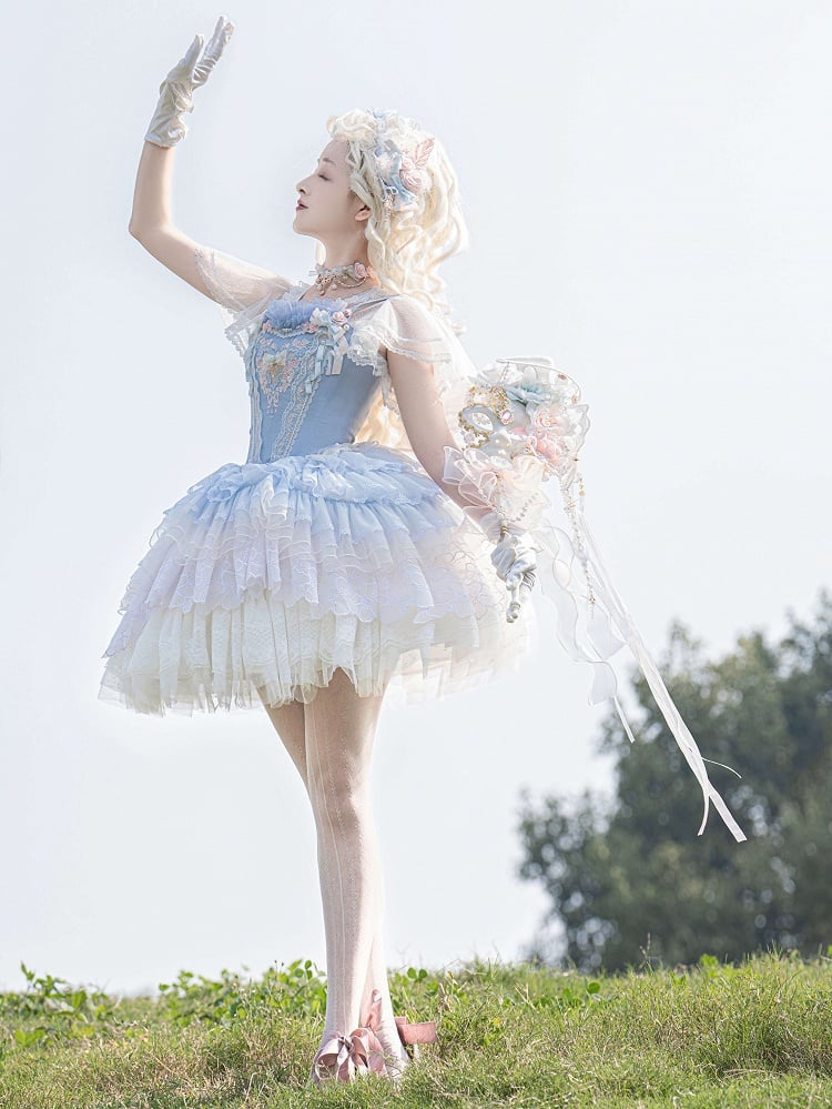 Blue Princess Lolita Corset Dress Floral Embroidery Jumper Skirt