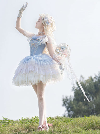 Blue Princess Lolita Corset Dress Floral Embroidery Jumper Skirt