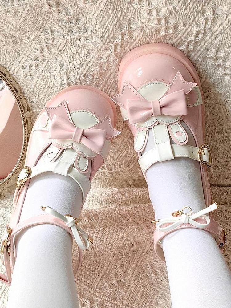 Polished Pink Sweet Lolita Heart Details Bunny Ear Bow at Top T-strap Platforms