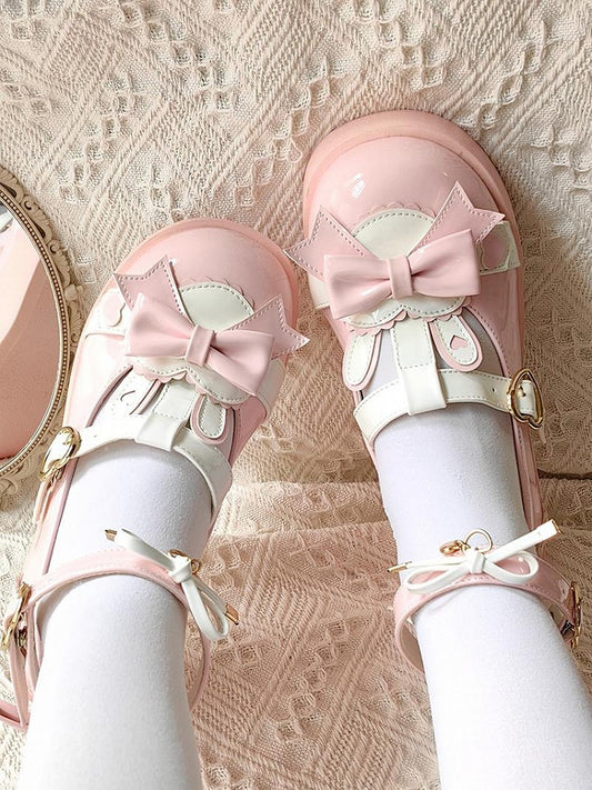Polished Pink Sweet Lolita Heart Details Bunny Ear Bow at Top T-strap Platforms
