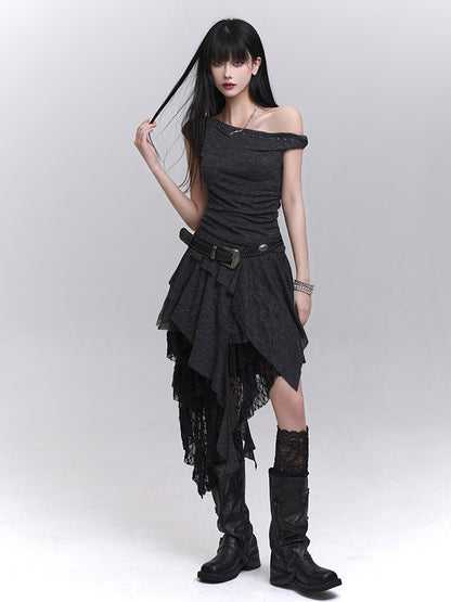 Studded Asymmetrical Neckline Cascading Ruffles Dress with Buckle Belt