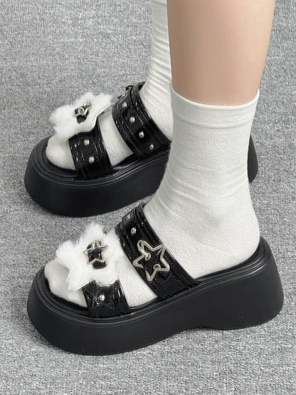 Alt-Goth Black Platform Slippers – Star Buckles, Metal Studs & White Fleece Top