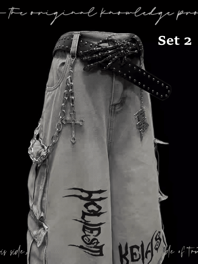 Light Blue Punk Rock Wide-leg Cargo Jeans with Free Charm