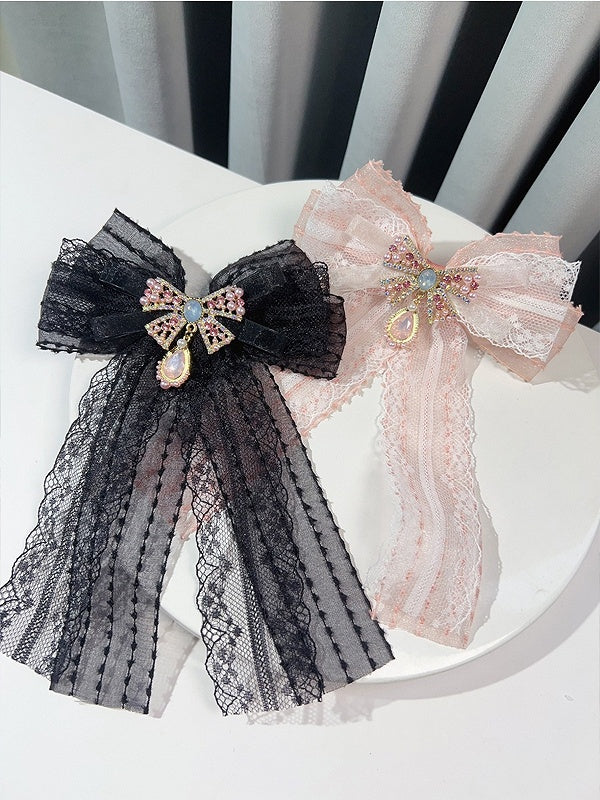 Black/Pink Preppy Style Rhinestone Decorated Bowknot Brooch
