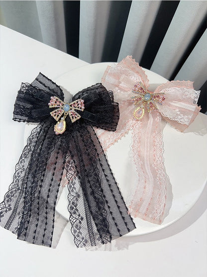 Black/Pink Preppy Style Rhinestone Decorated Bowknot Brooch