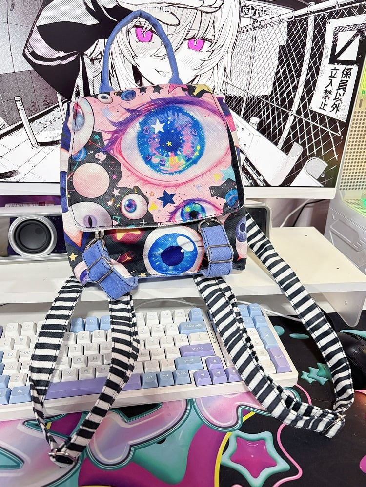 Colorful Guro Kawaii Fold-Over Flap Design Eyes Print Backpack
