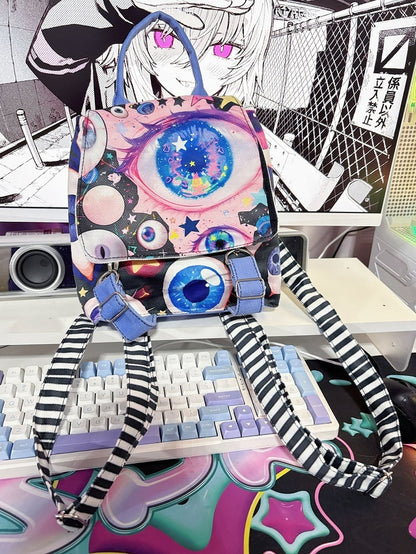 Colorful Guro Kawaii Fold-Over Flap Design Eyes Print Backpack