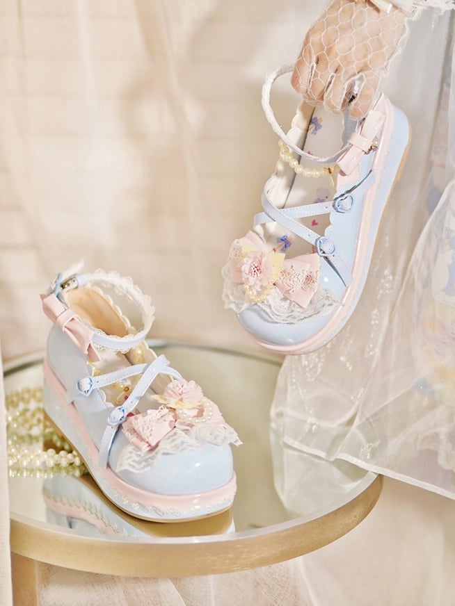 Blue Floral Design Bow at Top Lace Trim Heart Buckle Platforms With Detachable Beaded Chain