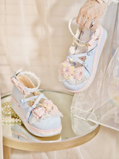 Blue Floral Design Bow at Top Lace Trim Heart Buckle Platforms With Detachable Beaded Chain
