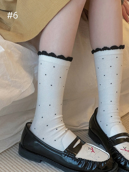 7 Options Polka-dot Pattern Ruffled Cuff Calf Socks