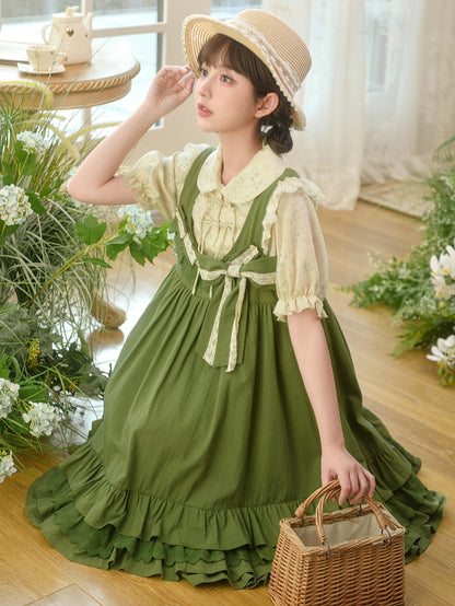 Green Ruffle Hem Sweet Overall Dress with Detachable Bowknot