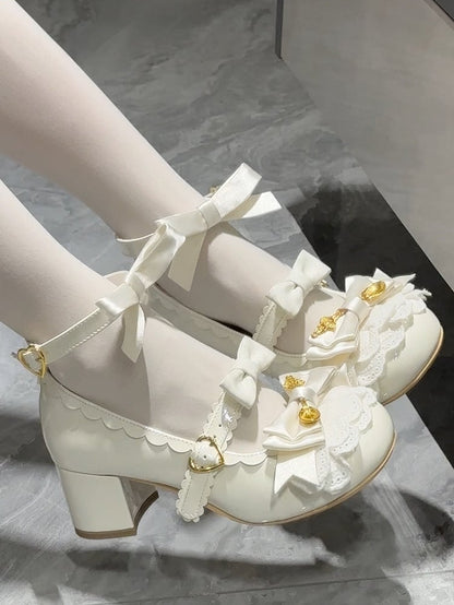 Clearance-Size 39 Sweet Lolita Beige Scoop Decorated Bowknot Details Round-Toe High Block Heels Mary Janes