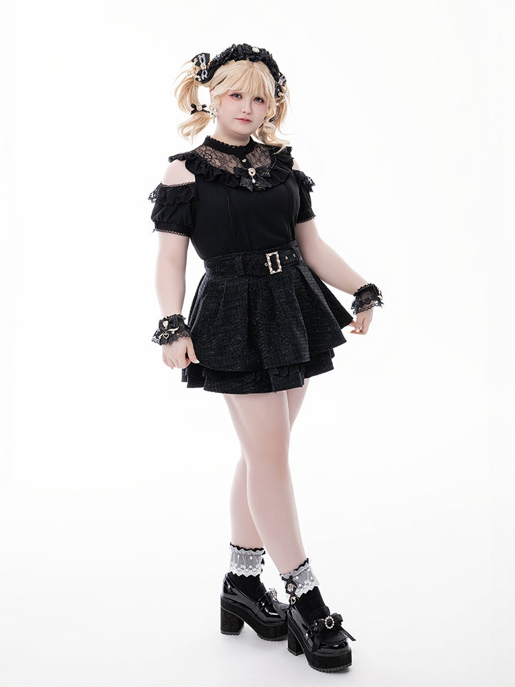 Jirai Kei Black Illusion Neckline Cutout Shoulder Short Sleeve Blouse with Free Bowtie