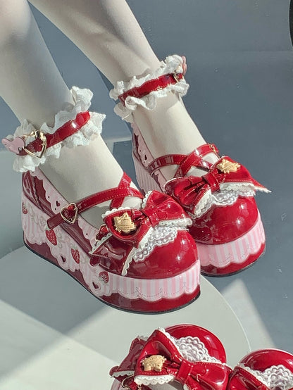 Wine Red Sweet Lolita Mary Janes - Platform Design with Strawberry Decor, Lace Trim & Romantic Clasp