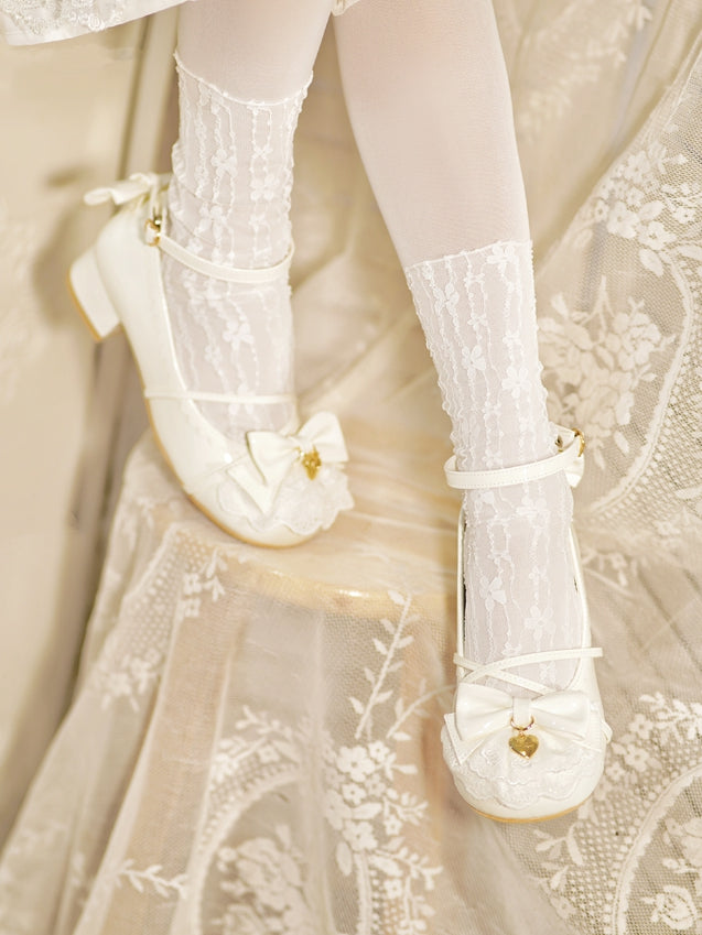 Milky White Heart Charm Bow at Top Lace Trim Crisscross Design Lolita Shoes