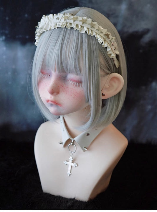 White Handmade Star-Shaped Studs Pins PU Ruffled KC