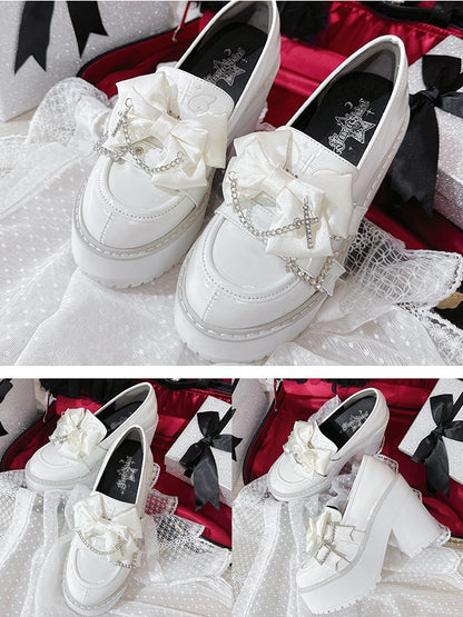 Polished White Jirai Kei Cross Chain Decorated Bow Rhinestoned Buckles Platform Loafers