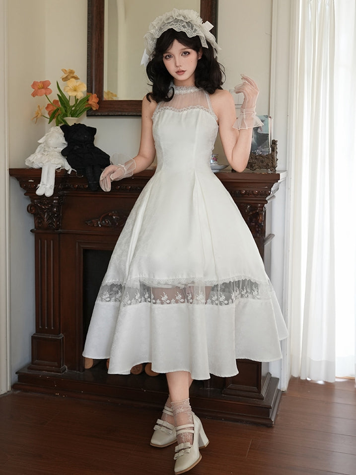 Rosette Jacquard Fabric All White Illusion Halter Neck Lace Panels Prom Dress