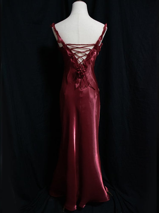 Dark Red Vintage Floral V-neck Evening Gown Lace-up Back Mermaid Dress