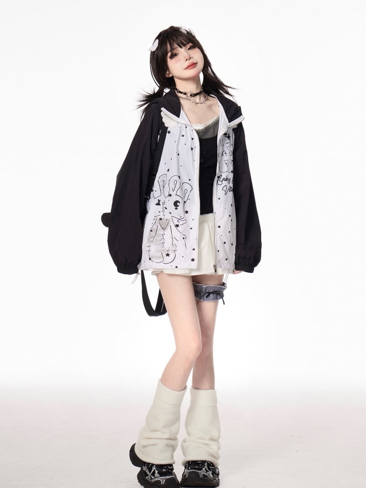 Kitty Ears Design Hood Cartoon Print Black/Green Colorblock Zip-up Jacket