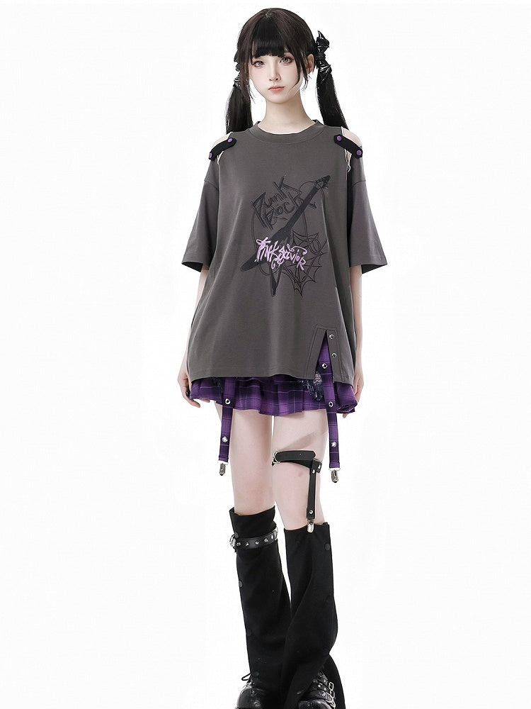 Y2K Purple Plaid Hem Distressed Holes Tie Dye Denim Skirt