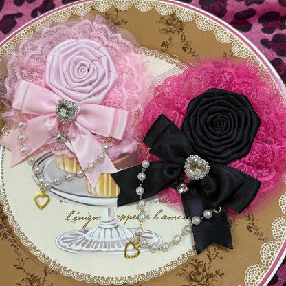 Pink/Rose Red Beaded Charm Rhinestone Heart Decorated Lace Trim Bowknot And Floral Design Hairclip