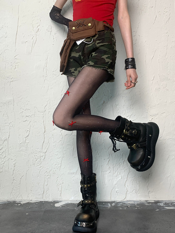 Black Y2K Bowknot Details Polka-dot Pattern Tights