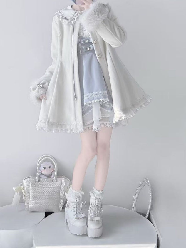 Jirai Kei White Wool Blend Coat with Detachable Bunny Hood | A-Line Winter Style