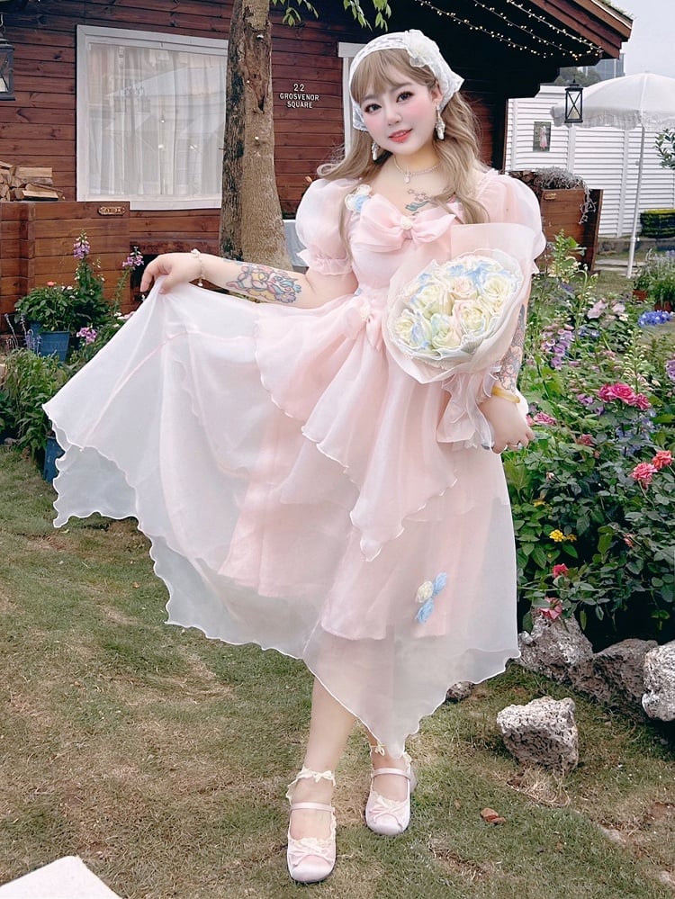 Plus Size Bowknot Details Light Pink Puff Sleeves Princess Dress Long Version