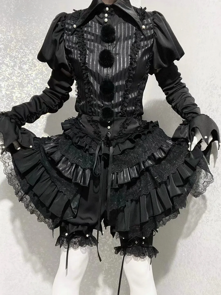 Circus Clown Vibes Ouji Lolita Outfit - Black Pointed Collar Shirt + Bloomer Shorts + Garters