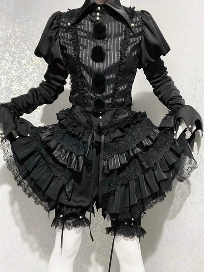 Circus Clown Vibes Ouji Lolita Outfit - Black Pointed Collar Shirt + Bloomer Shorts + Garters