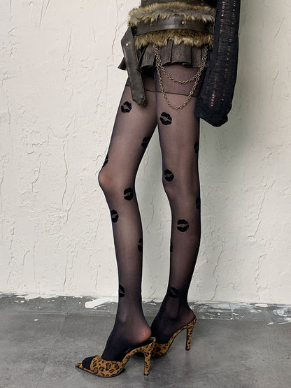 Black/Red Gothic Lips Print Tights