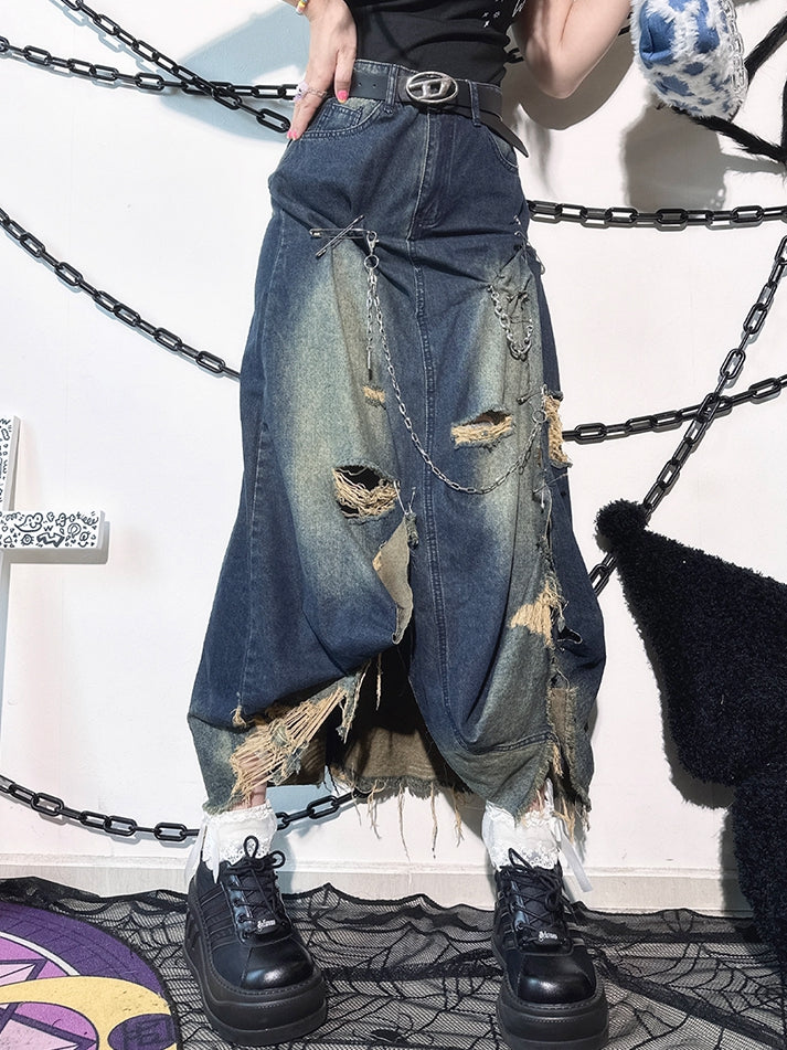 Faded Wash Blue Pins Decorated Punk Distressed Holes Y2K Denim Skirt