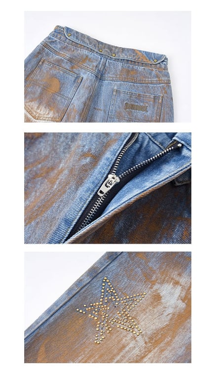 Wasteland Punk Blue Tie Dye Straight Leg Jeans Distressed Holes