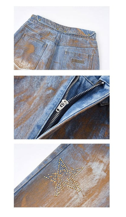 Wasteland Punk Blue Tie Dye Straight Leg Jeans Distressed Holes