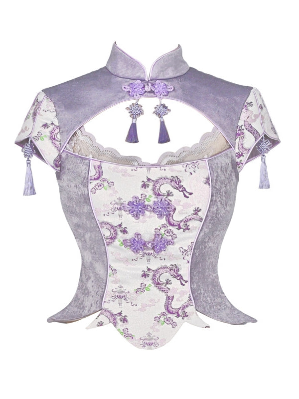 Purple Cheongsam Collar Short Sleeves Top Tassel Charm Decorated